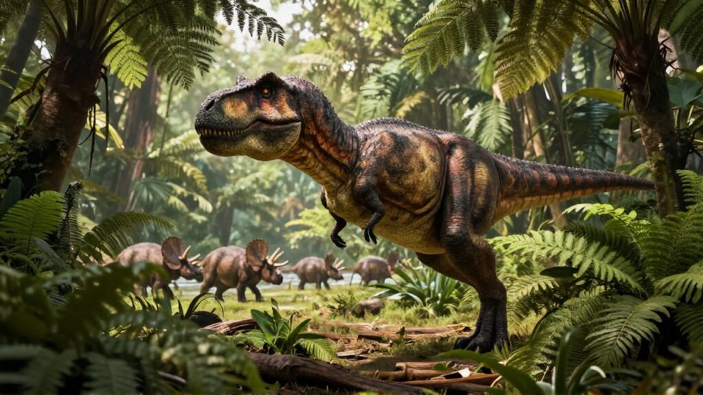 Un imponente Tiranosaurio Rex acecha entre la vegetación de una selva prehistórica con Triceratops al fondo.