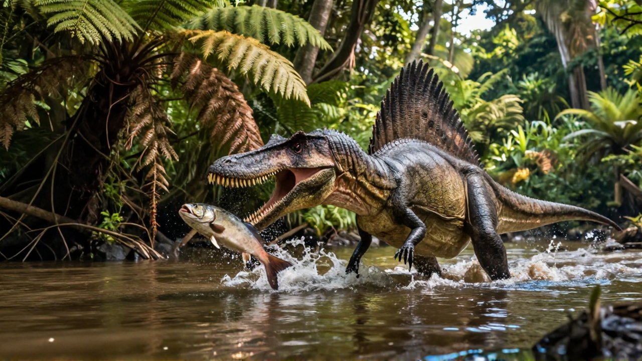 Un enorme Spinosaurus arremete en un río selvático para capturar un pez prehistórico entre salpicaduras de agua.
