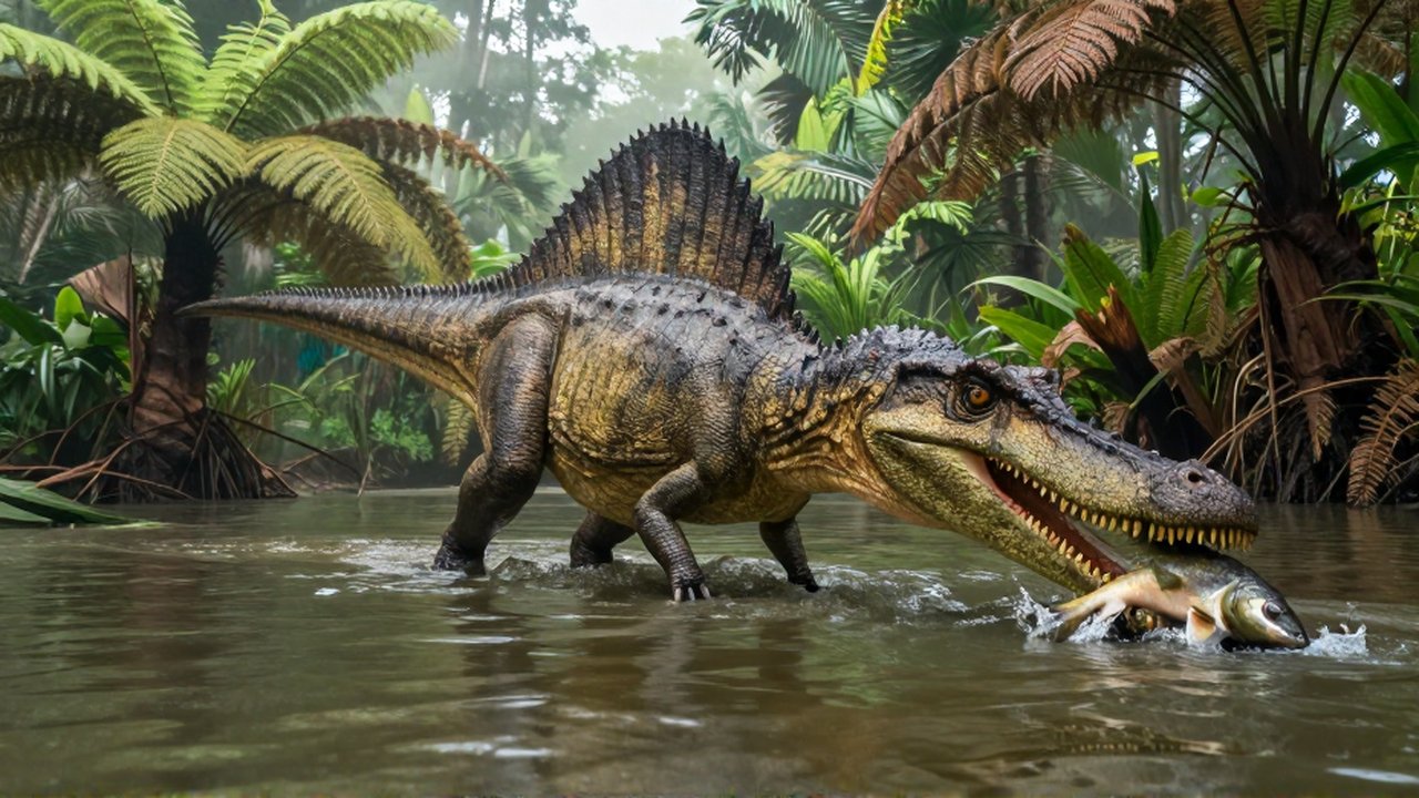 Un imponente Spinosaurus atrapa un gran pez en un río selvático con vegetación tropical.