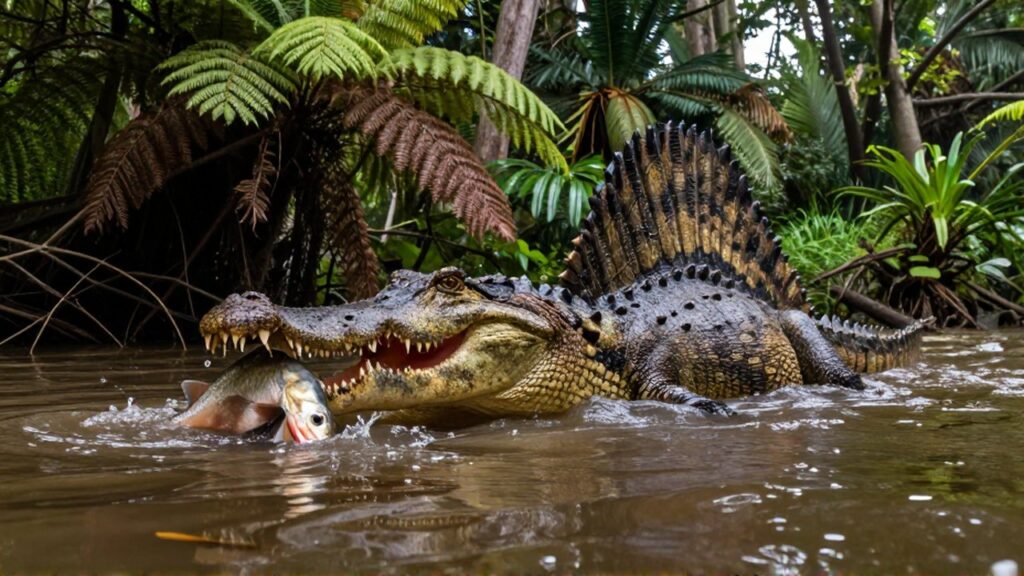 Un Spinosaurus emerge de un río turbio para atrapar un pez entre vegetación prehistórica.