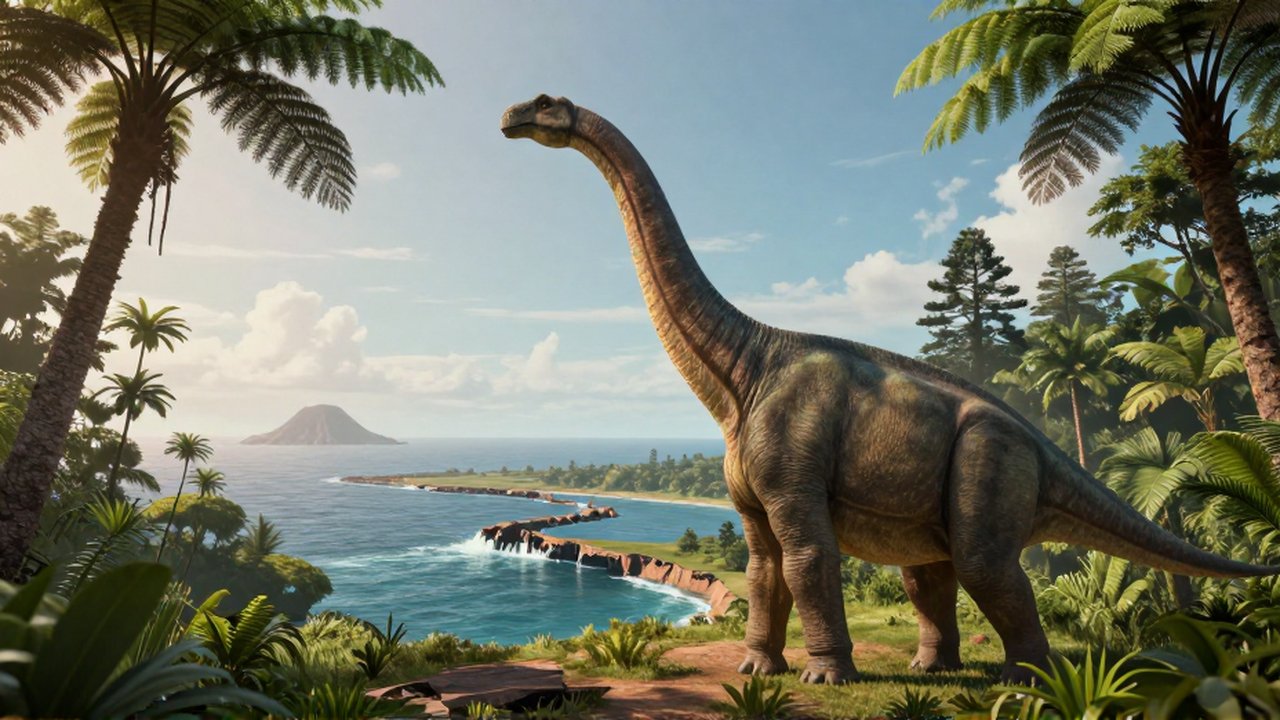 Un enorme braquiosaurio en una costa tropical junto a un océano con fragmentos continentales.