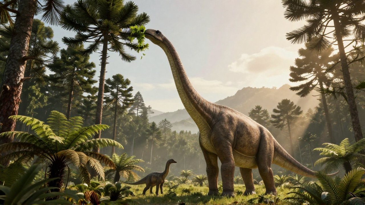 Un Brachiosaurus de gran tamaño se alimenta de la copa de un árbol en un frondoso bosque prehistórico.