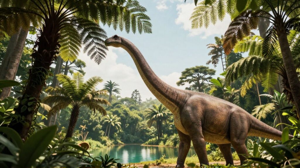 Un enorme Brachiosaurus estira su cuello entre la vegetación de una selva prehistórica junto a una laguna.