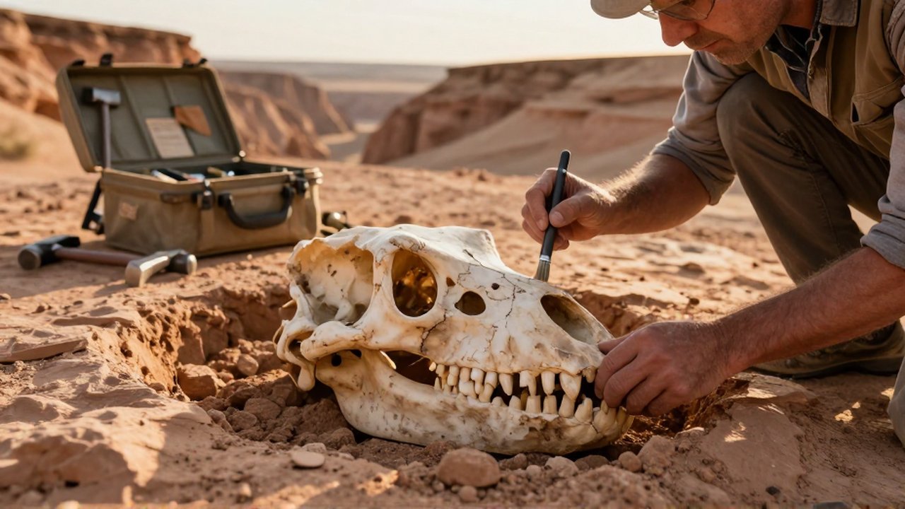 Un paleontólogo limpia con pincel un enorme cráneo de dinosaurio fósil en un cañón desértico.