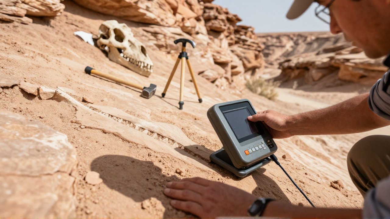 Paleontólogo escanea con un radar de suelo una formación rocosa en un desierto para localizar fósiles.