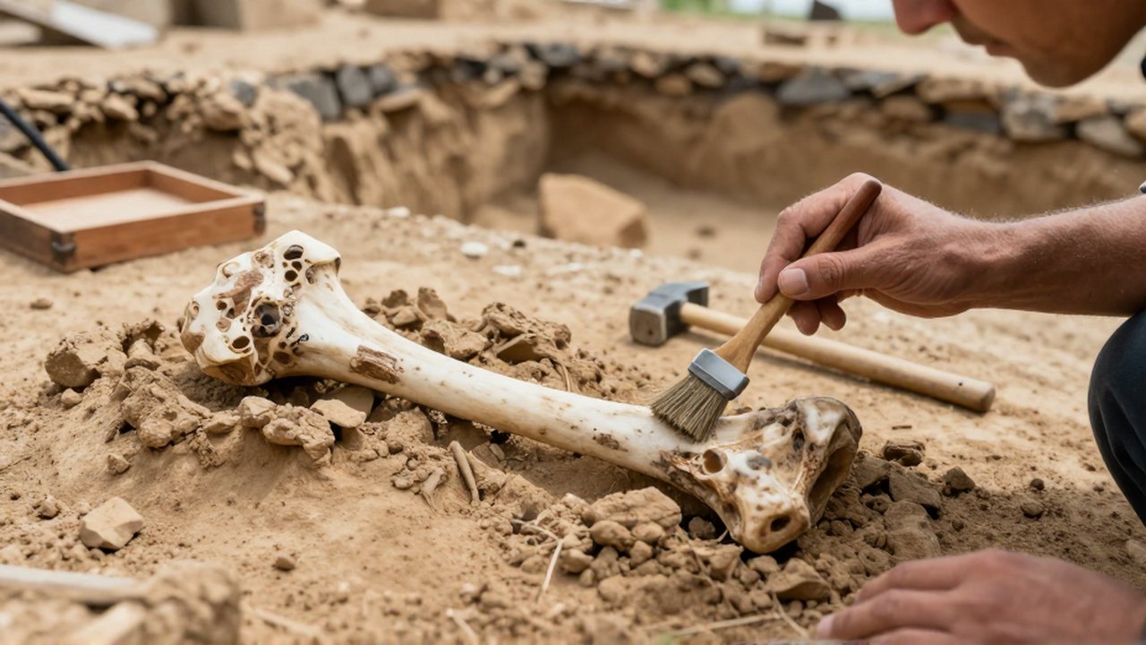 Un paleontólogo limpia con un pincel un fémur de dinosaurio incrustado en rocas sedimentarias.