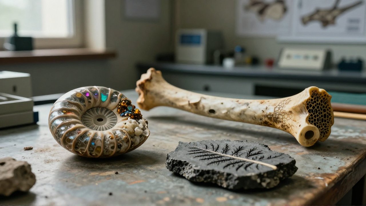 Tres fósiles comparativos, un ammonite, un hueso petrificado y una hoja carbonizada, sobre un banco de laboratorio.