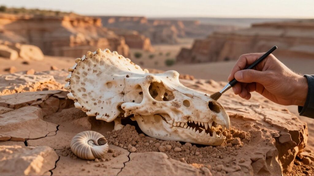 Un paleontólogo limpia cuidadosamente con un pincel un cráneo de triceratops en un yacimiento desértico.