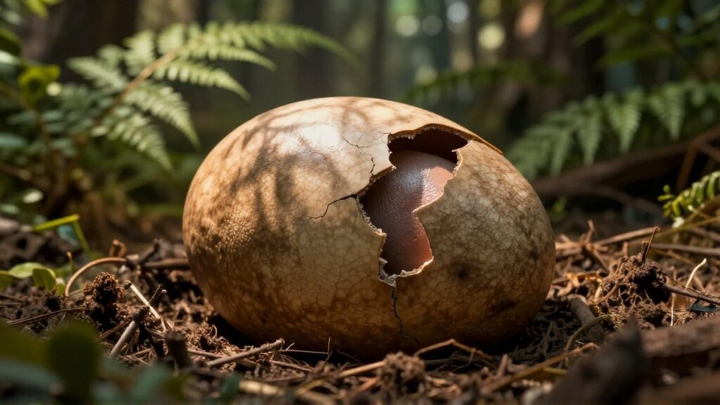 Un huevo de dinosaurio con una pequeña grieta que revela un embrión en un nido de vegetación.