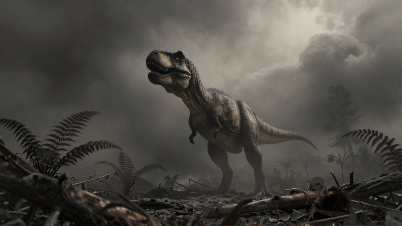 Un imponente Tiranosaurio rex observa con temor un bosque prehistórico cubierto de ceniza bajo un cielo oscuro.