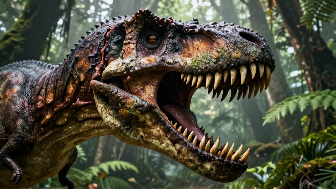 Primer plano detallado de las mandíbulas abiertas de un tiranosaurio rex en una jungla neblinosa.