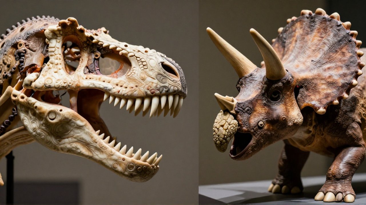 Comparación macro de los dientes serrados de un T-Rex frente a los molares planos de un Triceratops.