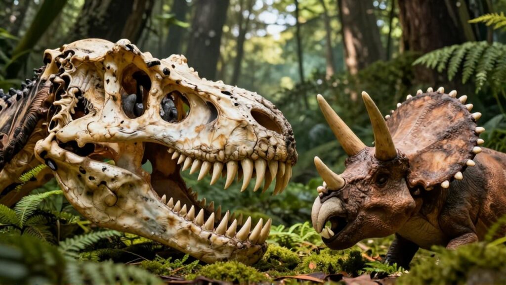 Primer plano comparativo de los dientes afilados de un T-Rex frente a la dentadura plana de un Triceratops.