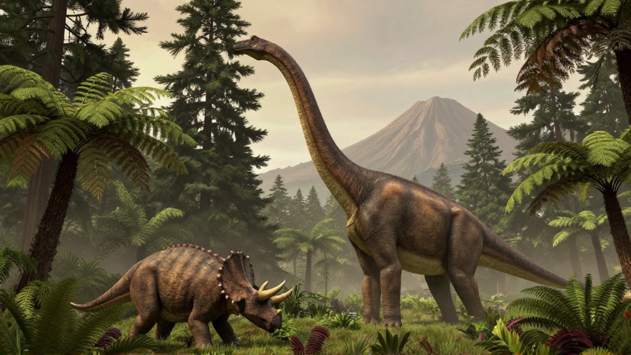 Un Brachiosaurus alcanza las copas de los árboles mientras un Triceratops pasta en helechos bajos.