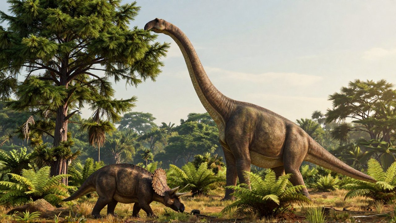 Un enorme Brachiosaurus alcanza la copa de un árbol mientras un Triceratops pasta helechos en el suelo.
