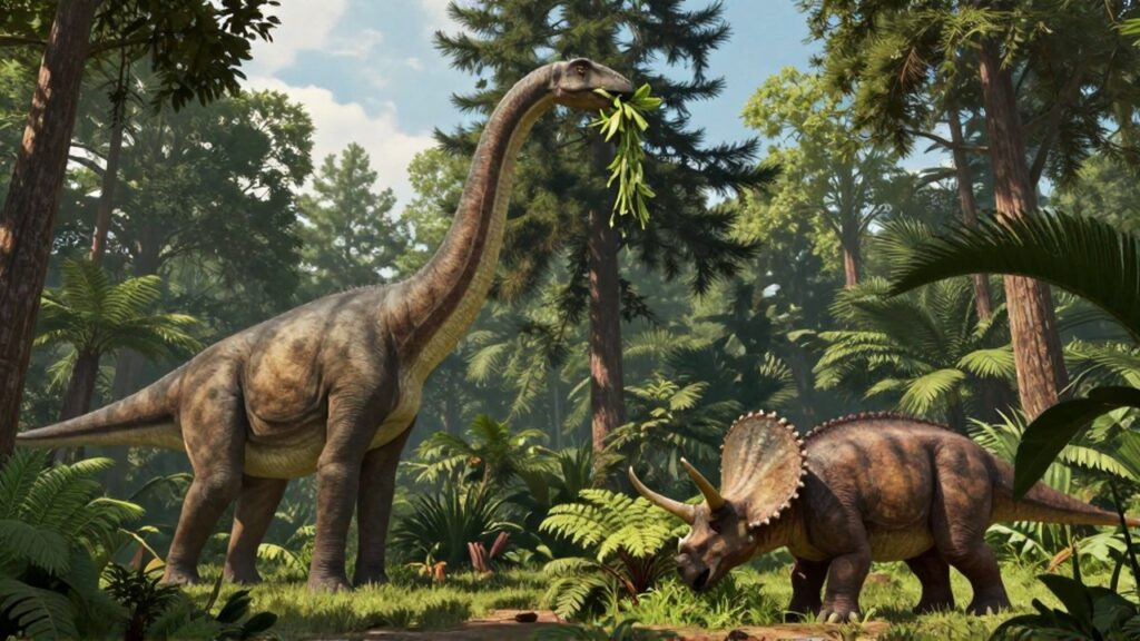 Un Brachiosaurus alcanza las copas de los árboles mientras un Triceratops pasta entre helechos en una selva prehistórica.