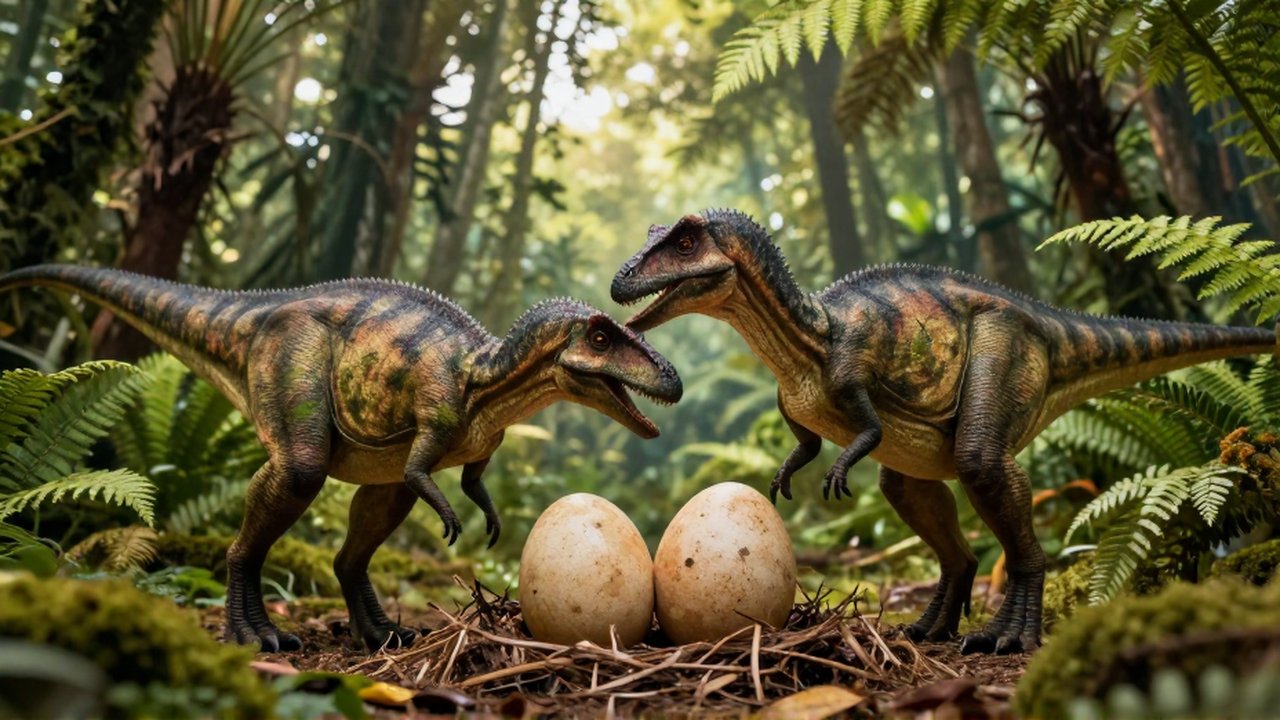 Dos dinosaurios ornitópodos interactúan cerca de un nido de huevos en un denso bosque prehistórico.