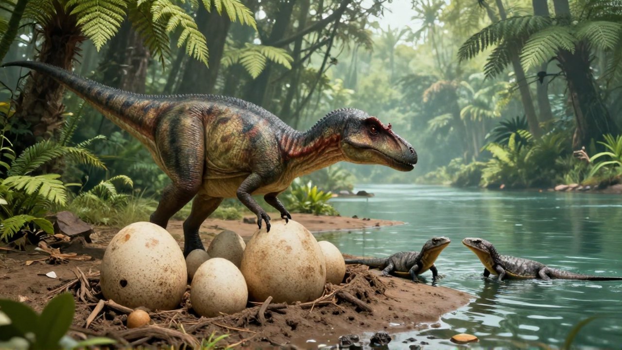 Un dinosaurio Maiasaura cuida un nido de huevos junto a una orilla de agua en un bosque prehistórico.
