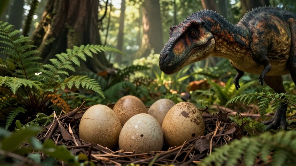 Un nido de huevos de dinosaurio con una madre emplumada vigilándolos en un bosque prehistórico.