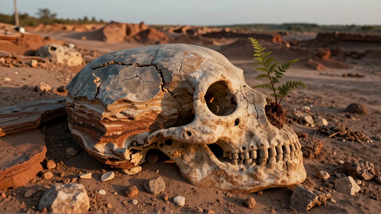 Cráneo de un reptil prehistórico fósil incrustado en estratos rocosos con un pequeño brote de helecho.