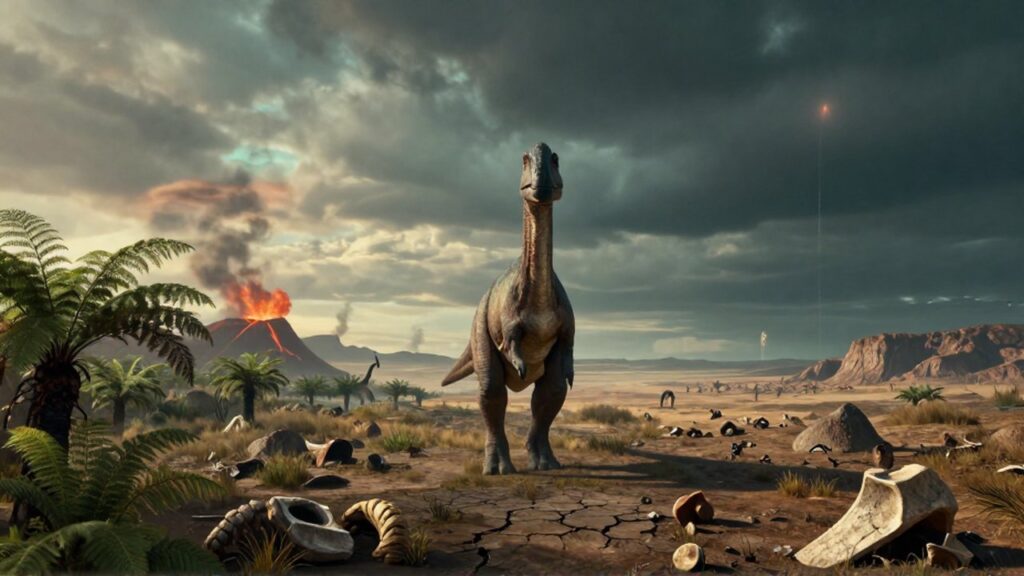 Composición partida que muestra a un gran dinosaurio entre un paisaje volcánico exuberante y un desierto apocalíptico.