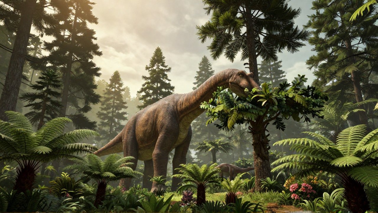 Un braquiosaurio de cuello largo se alimenta del follaje en un denso bosque prehistórico.