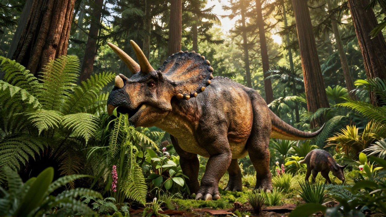 Un enorme Triceratops alimenta helechos en un frondoso bosque prehistórico junto a otro herbívoro pequeño.