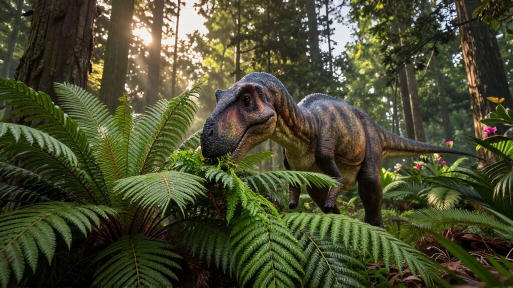 Un dinosaurio herbívoro de gran tamaño se alimenta de helechos y vegetación en un bosque prehistórico.