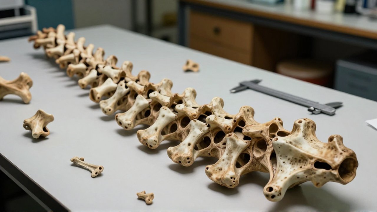 Primer plano detallado de vértebras huecas de Brachiosaurus sobre un banco de laboratorio paleontológico.