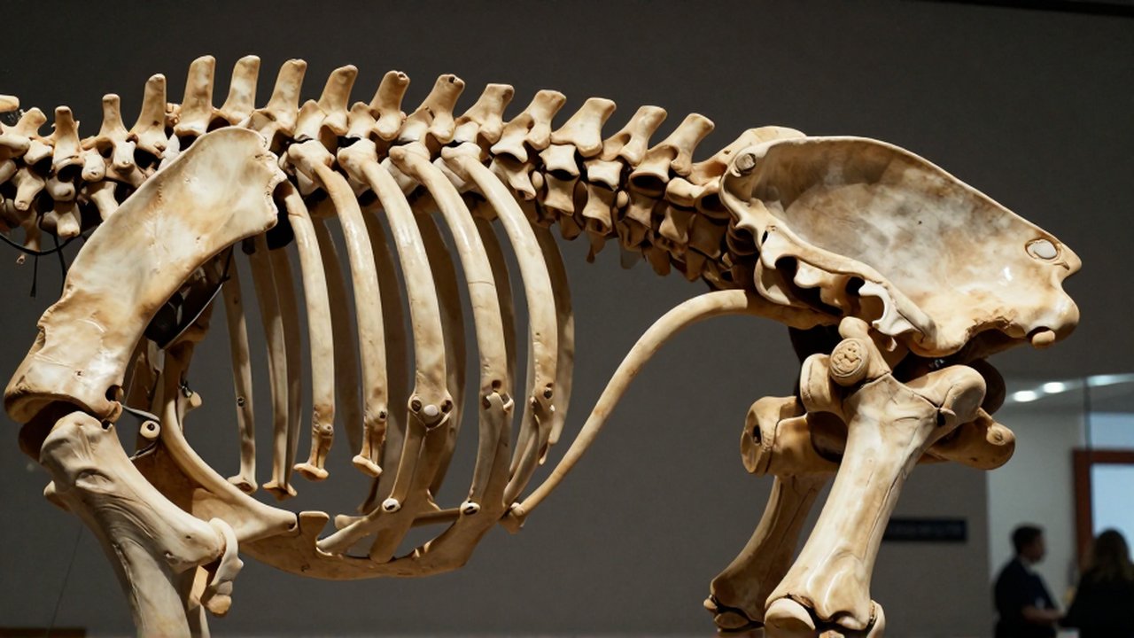 Reconstrucción anatómica detallada de la columna vertebral y la pelvis de un gran dinosaurio saurópodo.