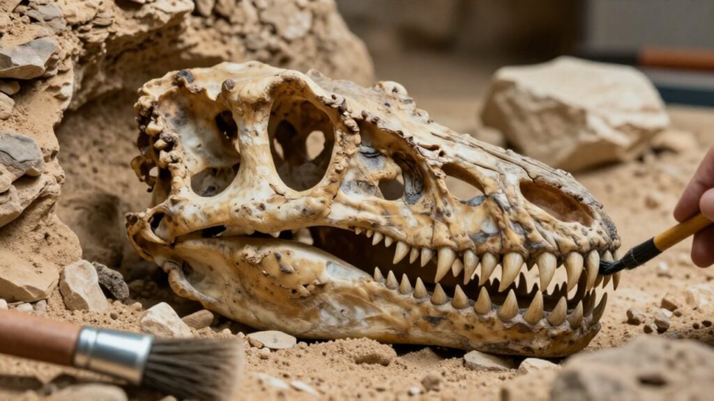 Primer plano de los dientes serrados de un cráneo de Allosaurus fósil entre rocas sedimentarias.