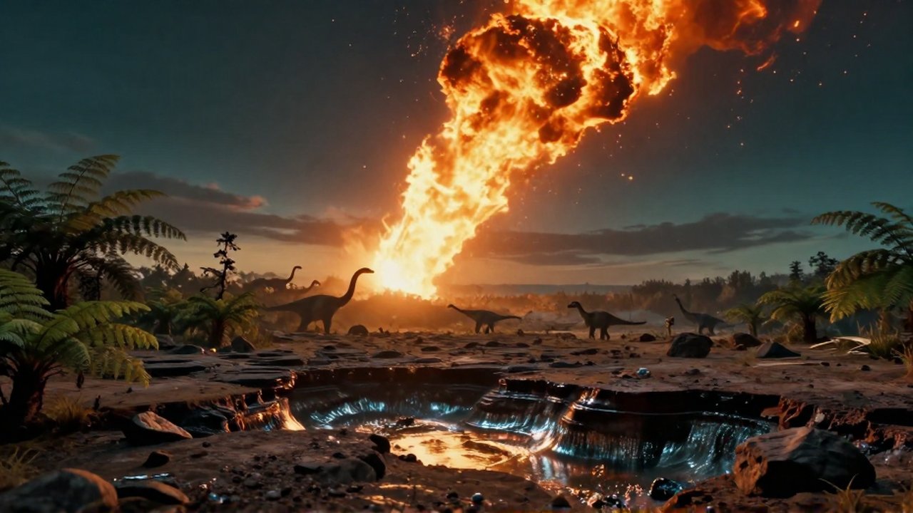 Un asteroide brillante atraviesa el cielo sobre un valle prehistórico con dinosaurios y capas de iridio.