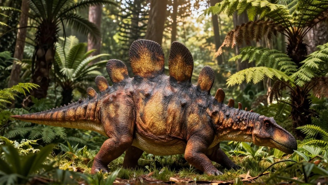 Perfil de un Stegosaurus con placas espinales bajo la luz solar en un bosque jurásico.