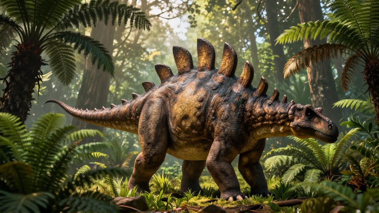 Un Stegosaurus con placas dorsales en una postura defensiva dentro de un bosque prehistórico.