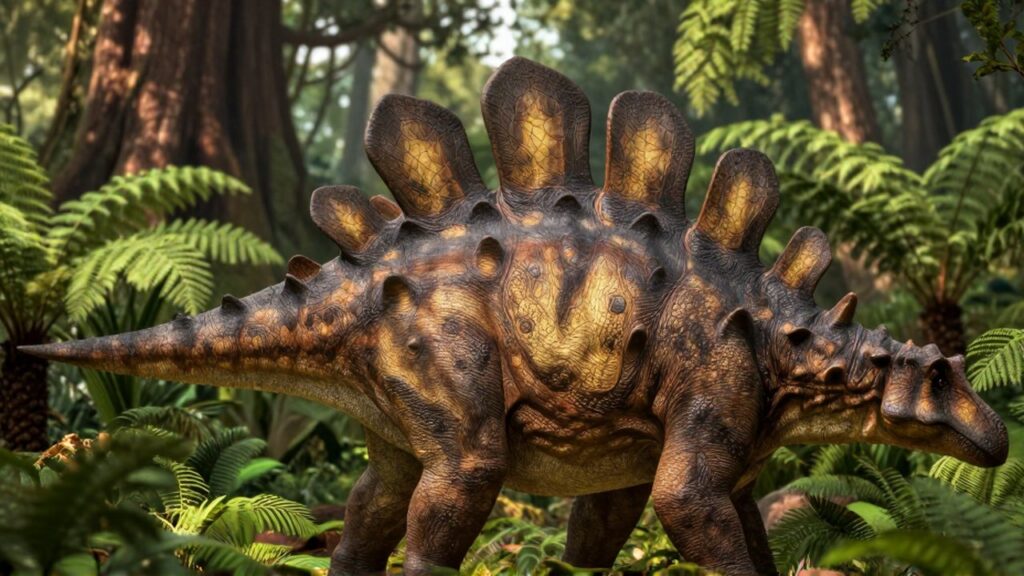 Primer plano de un Stegosaurus con sus placas dorsales entre helechos en un bosque prehistórico.