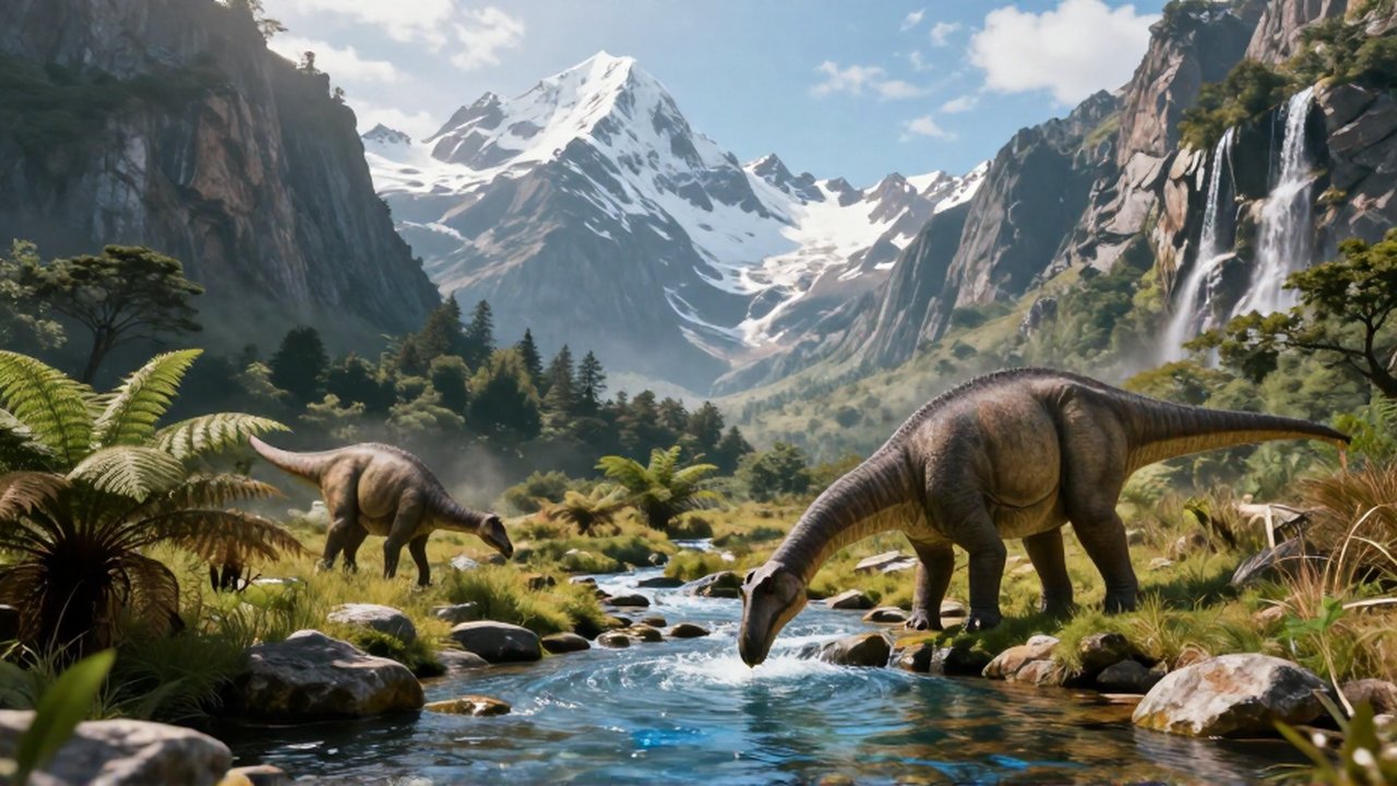 Un Brachiosaurus bebe de un arroyo cristalino en un valle prehistórico con montañas nevadas al fondo.