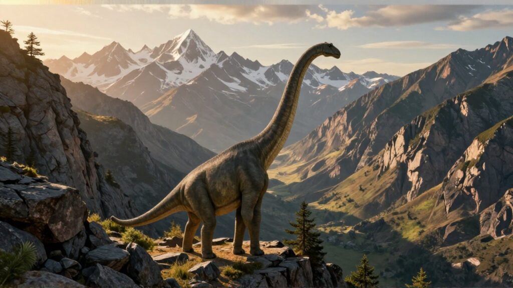 Un enorme Brachiosaurus pasta en una cresta rocosa frente a un valle y montañas nevadas.