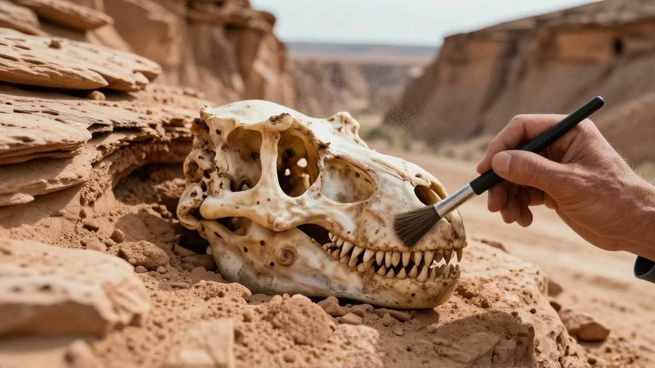Un paleontólogo limpia con un pincel un cráneo de T-Rex parcialmente descubierto en arenisca.