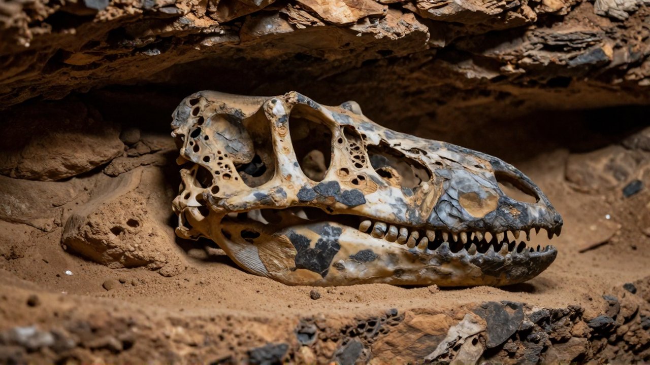 Primer plano de un cráneo de dinosaurio parcialmente fosilizado entre capas de sedimentos rocosos.