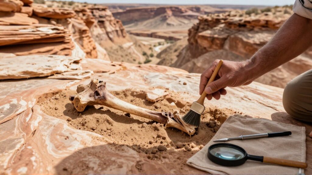 Un paleontólogo limpia cuidadosamente el sedimento de un fémur de dinosaurio durante una excavación en el desierto.