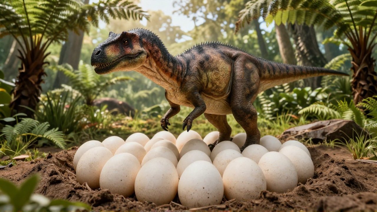 Una dinosaurio hembra cuida un nido de huevos en un entorno de selva prehistórica.