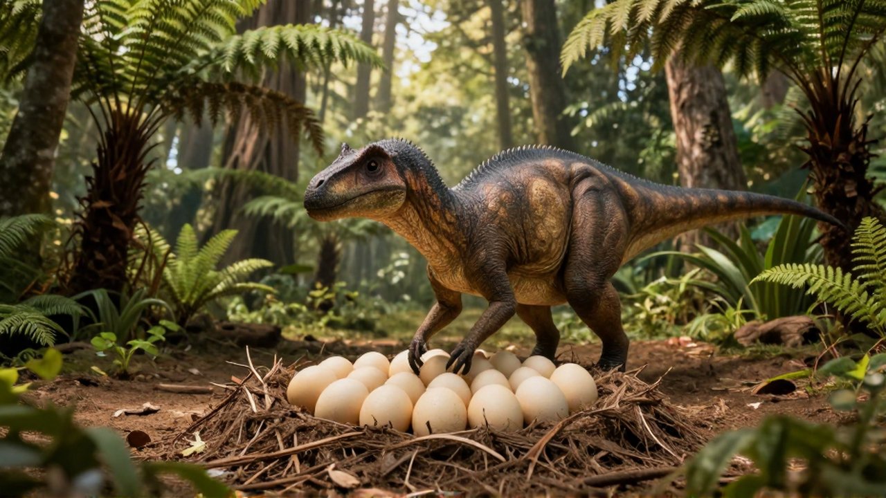 Dinosaurio herbívoro cuida un nido con decenas de huevos en un bosque prehistórico frondoso.