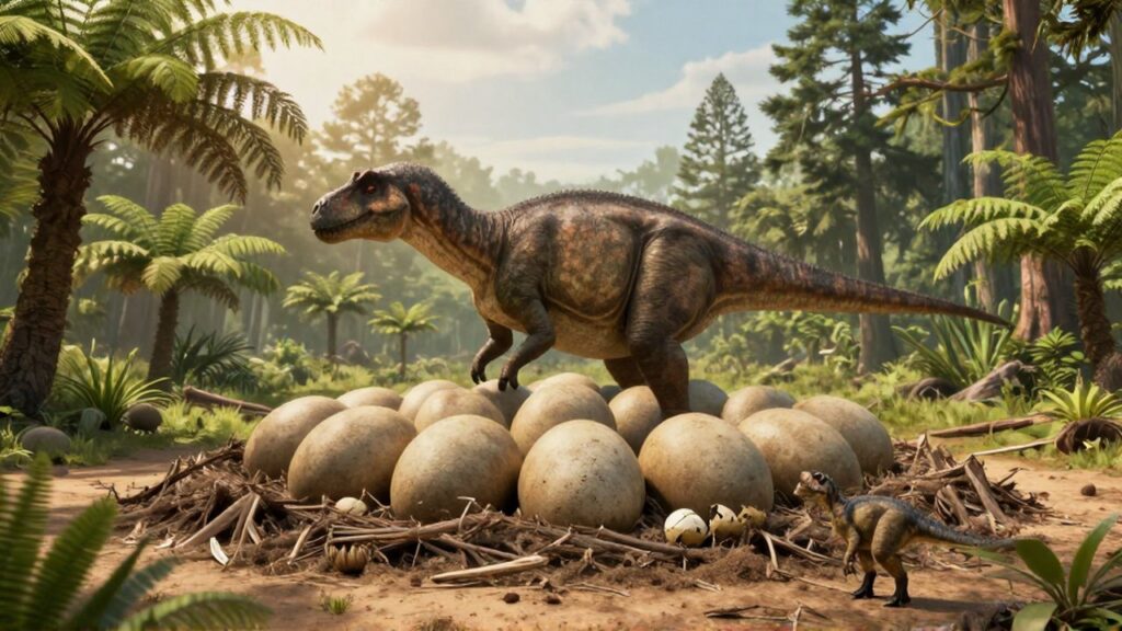 Una madre saurópodo protege un nido de huevos en una llanura prehistórica con vegetación exuberante.