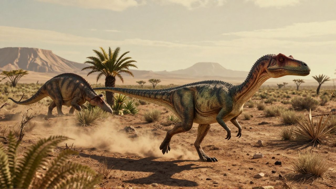 Un Coelophysis corre por un paisaje árido de matorral triásico mientras un Dicynodont pasta al fondo.