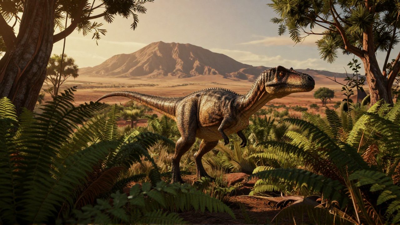 Un Coelophysis de piel escamosa acecha entre helechos bajo la luz dorada de un paisaje prehistórico.