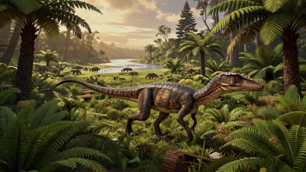 Un Coelophysis camina entre helechos y vegetación densa en un bosque tropical de la era Triásica.