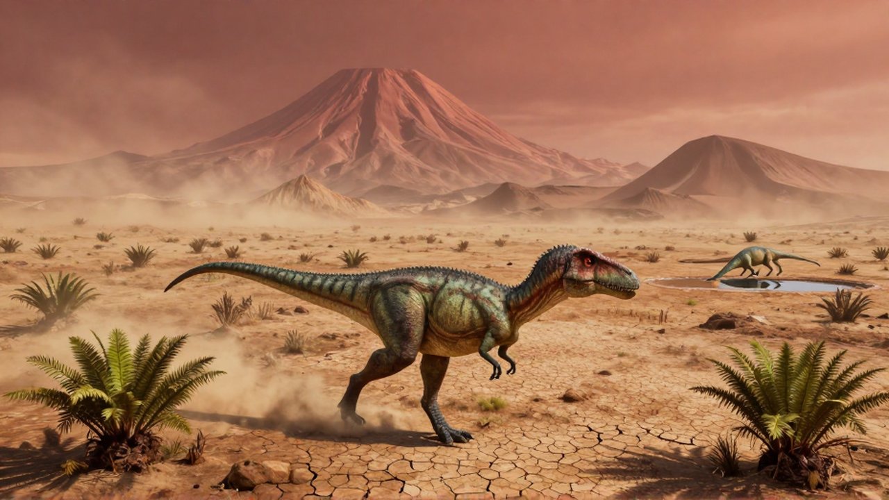 Pequeño dinosaurio terópodo camina por un paisaje árido y polvoriento con volcanes en el horizonte.