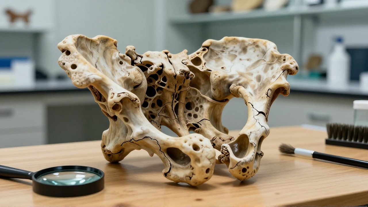 Primer plano de un fósil de pelvis de dinosaurio sobre un banco de madera en un laboratorio.