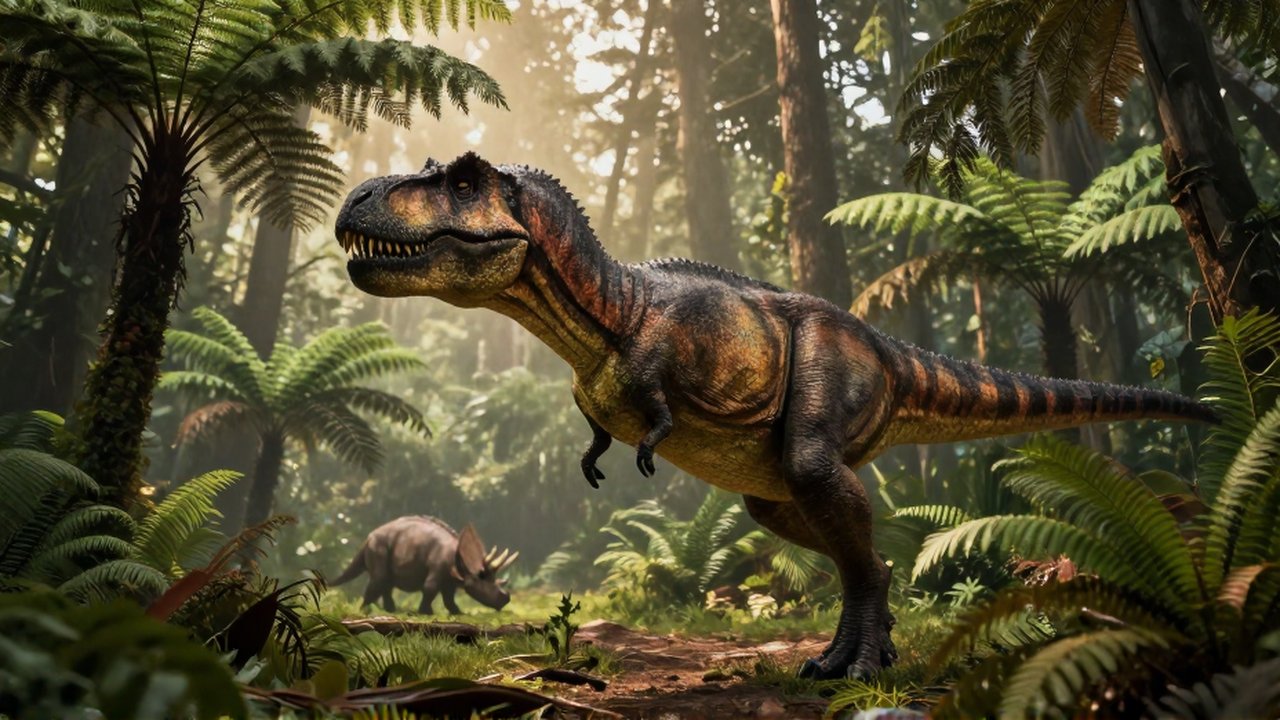 Un imponente Tiranosaurio rex camina por una selva prehistórica mientras un Triceratops pasta al fondo.