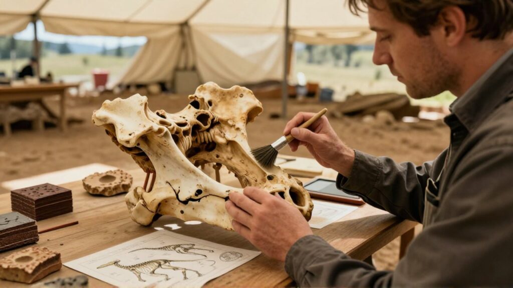 Paleontólogo examinando con un pincel un gran hueso de dinosaurio fosilizado en un laboratorio de campo.